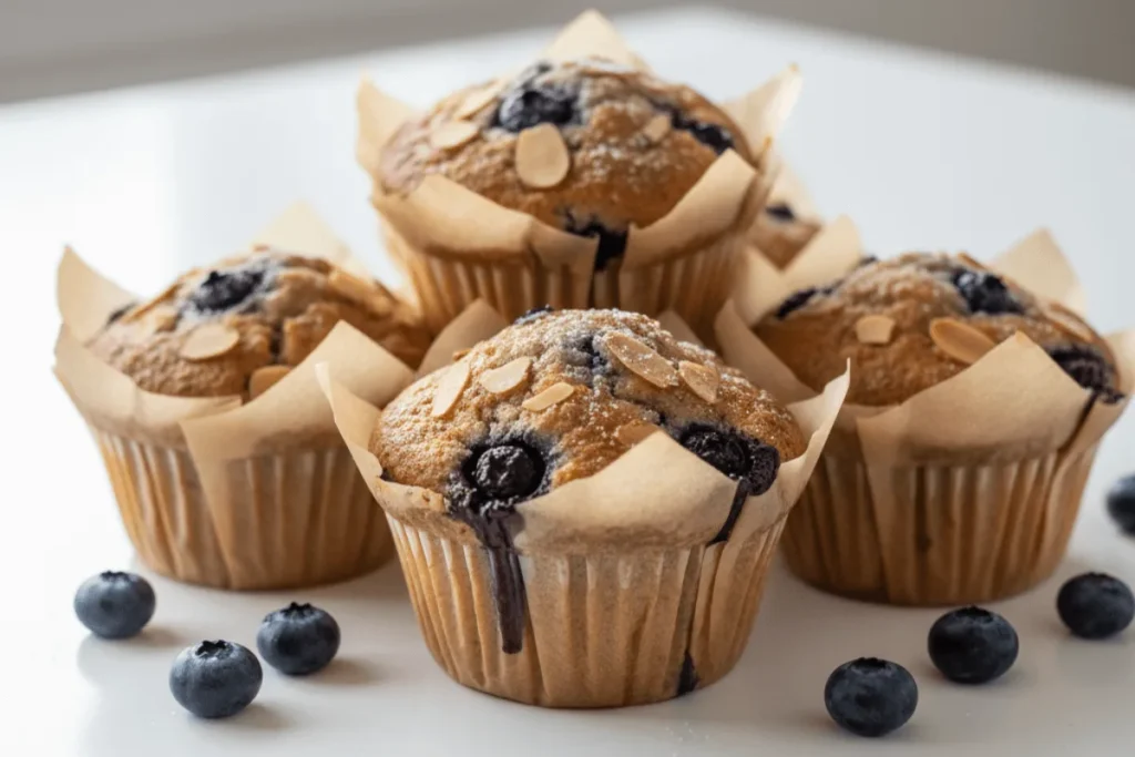 Gluten free blueberry almond flour muffins in paper liners with blueberries scattered around on a white table.