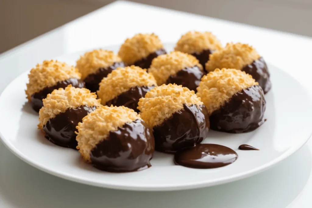 Golden gluten free coconut macaroons, some dipped in dark chocolate, displayed on a plate over a white table.