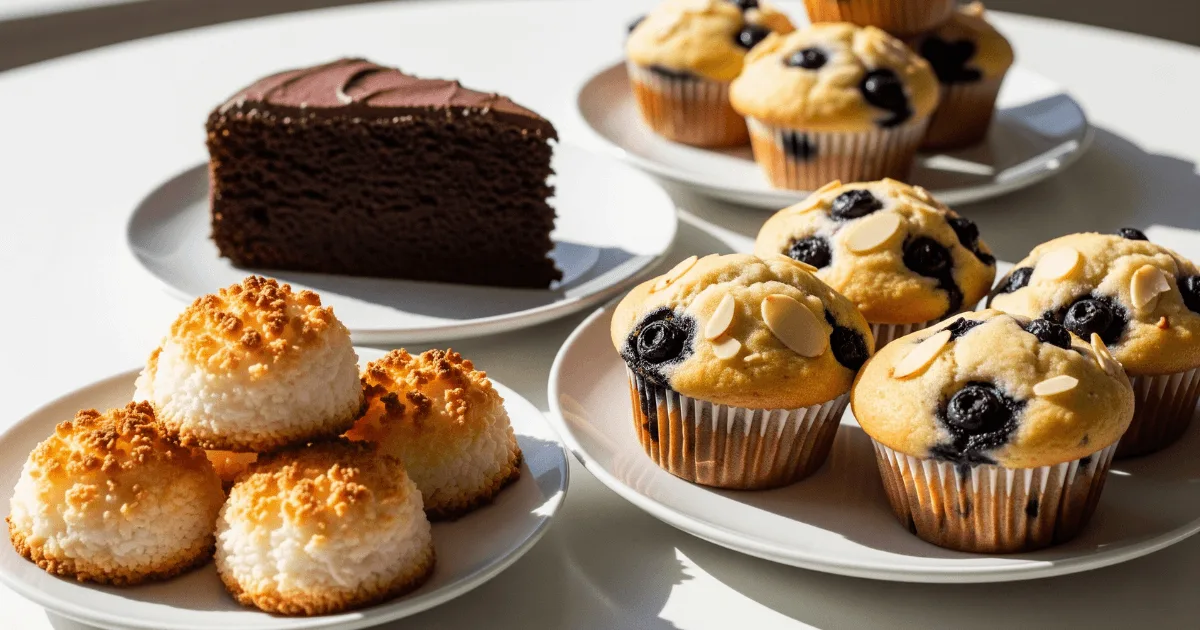 A selection of gluten free desserts including a slice of chocolate cake, almond flour muffins, and coconut macaroons displayed on a white table.