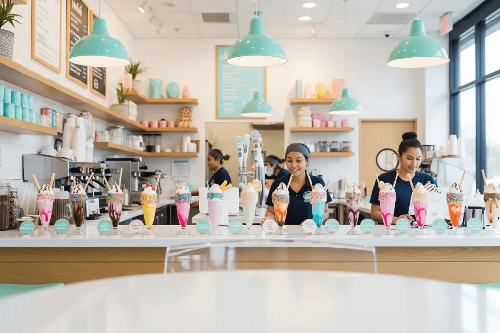 A modern milkshake shop interior with vibrant milkshakes displayed on the counter and welcoming staff.