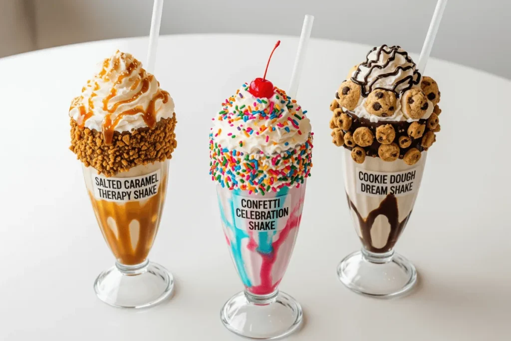 Three unique milkshakes styled for different moods, including caramel, cookie dough, and a colorful confetti celebration shake.