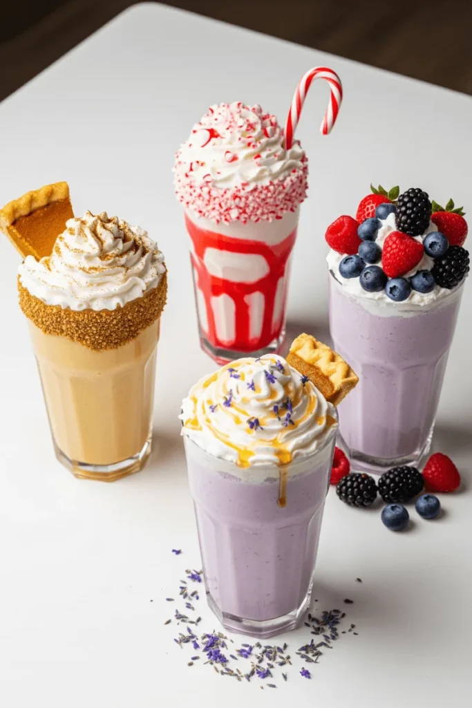 A colorful set of seasonal milkshakes including pumpkin pie, peppermint swirl, berry burst, and lavender honey.