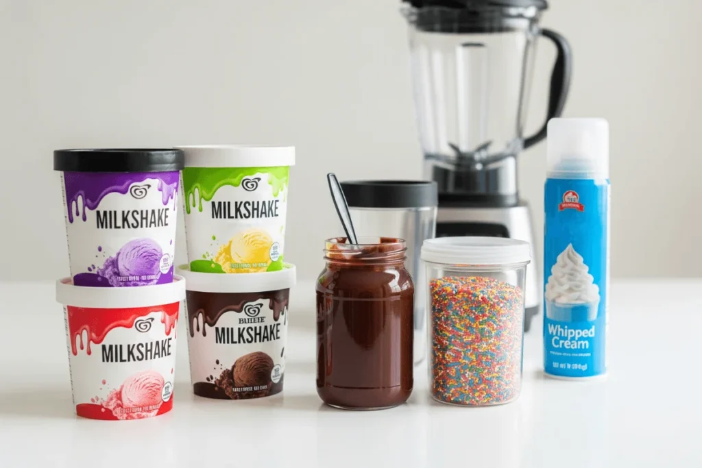 A DIY milkshake kit with ice cream, sauces, toppings, and a blender, ready to make milkshakes at home.