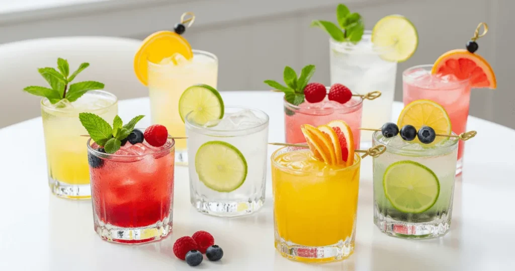 A bright selection of colorful mocktails served on a clear white table with garnishes like lime, mint, and berries.