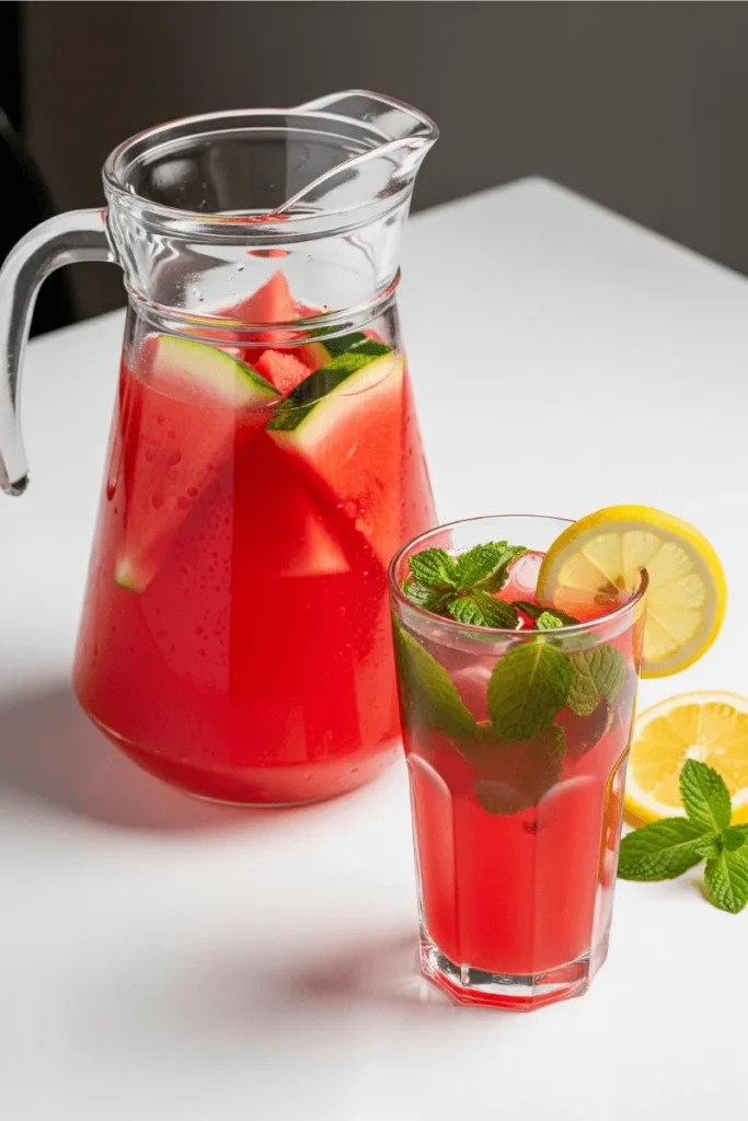 A glass pitcher of refreshing watermelon agua fresca with mint and lemon slices.