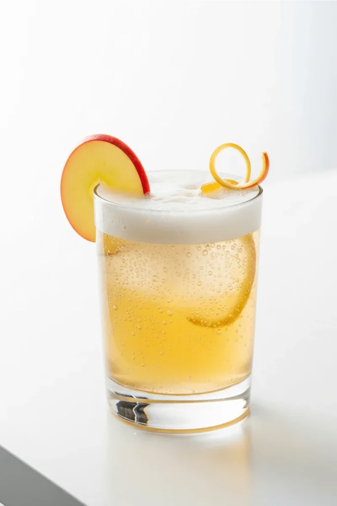 A sparkling apple-ginger Mocktails Recipes topped with bubbles and garnished with apple slices.