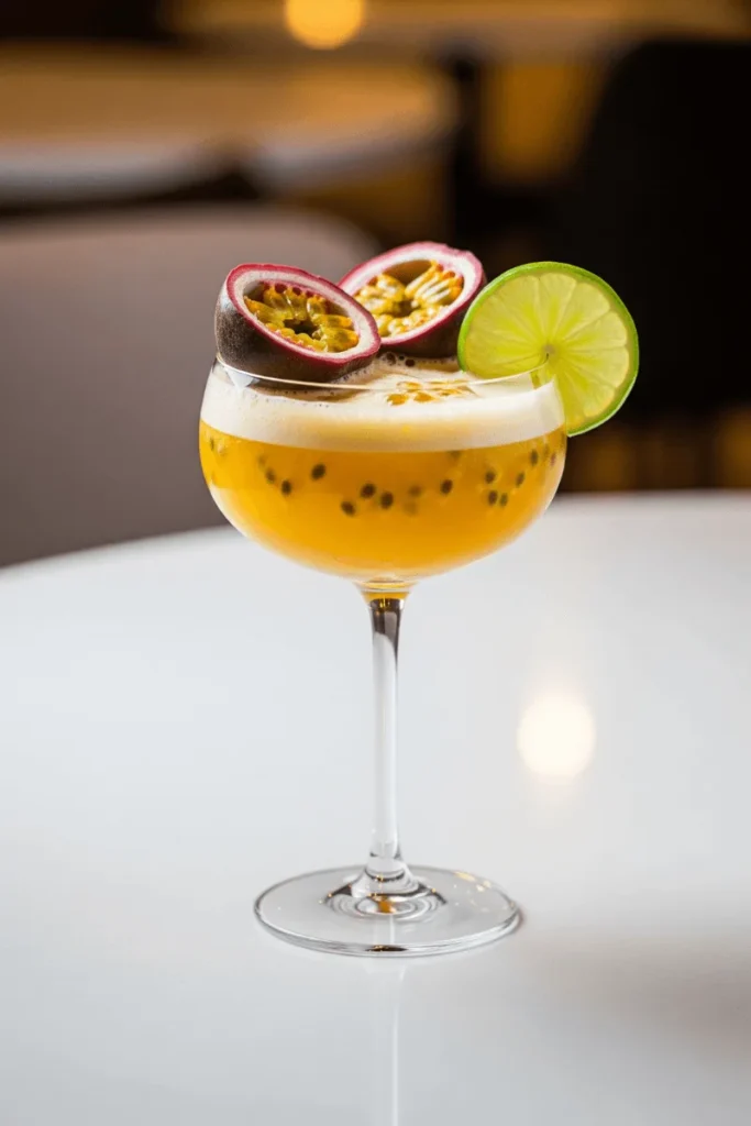 A golden yellow passionfruit mocktail with lime garnish served in a cocktail glass.