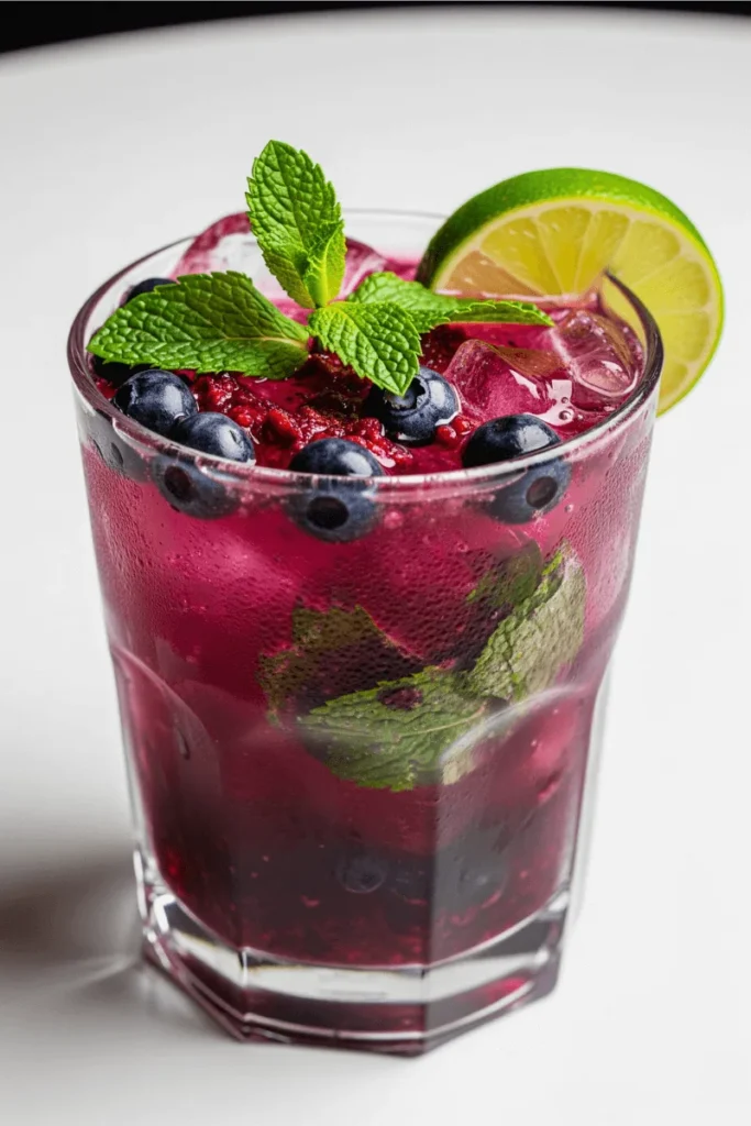 A blueberry and lime Mocktails Recipes with mint and ice served in a clear glass.