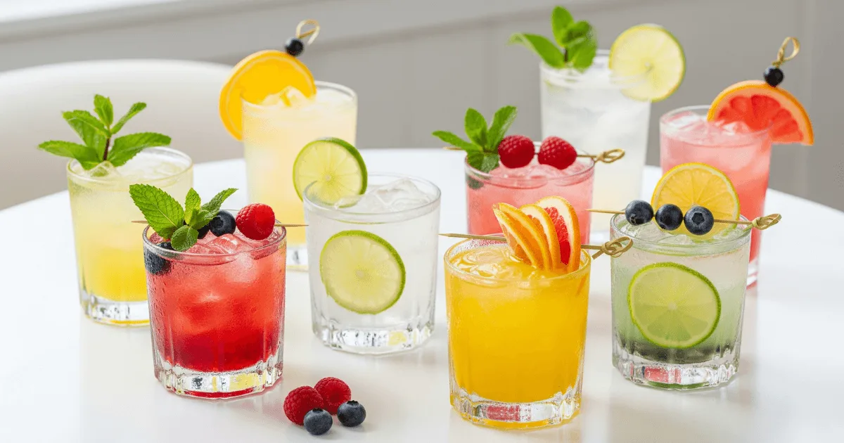 A bright selection of colorful mocktails served on a clear white table with garnishes like lime, mint, and berries.