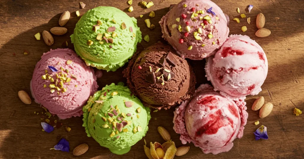 A variety of gluten free ice cream scoops in bowls on a rustic wooden table.
