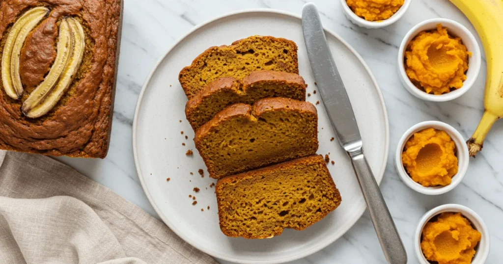 Fork slicing into a moist banana pumpkin muffin on a matte-black plate over dark slate.