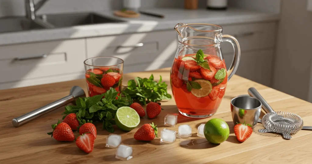 Freshly made strawberry mojito in a clear glass pitcher surrounded by mint, lime, and strawberries on a rustic summer table.