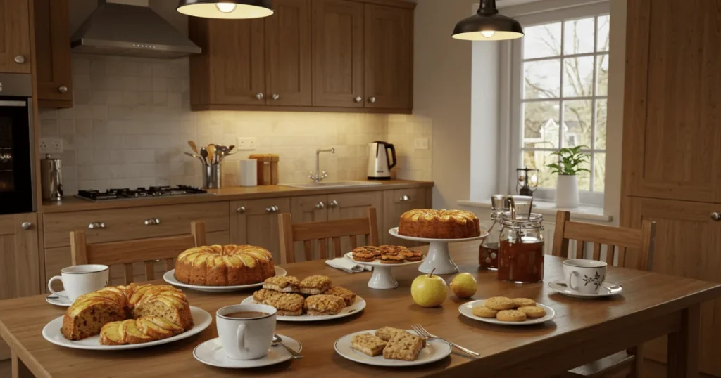 A real-life Irish kitchen with freshly baked Irish desserts on a wooden table, perfect for a traditional baking setting.