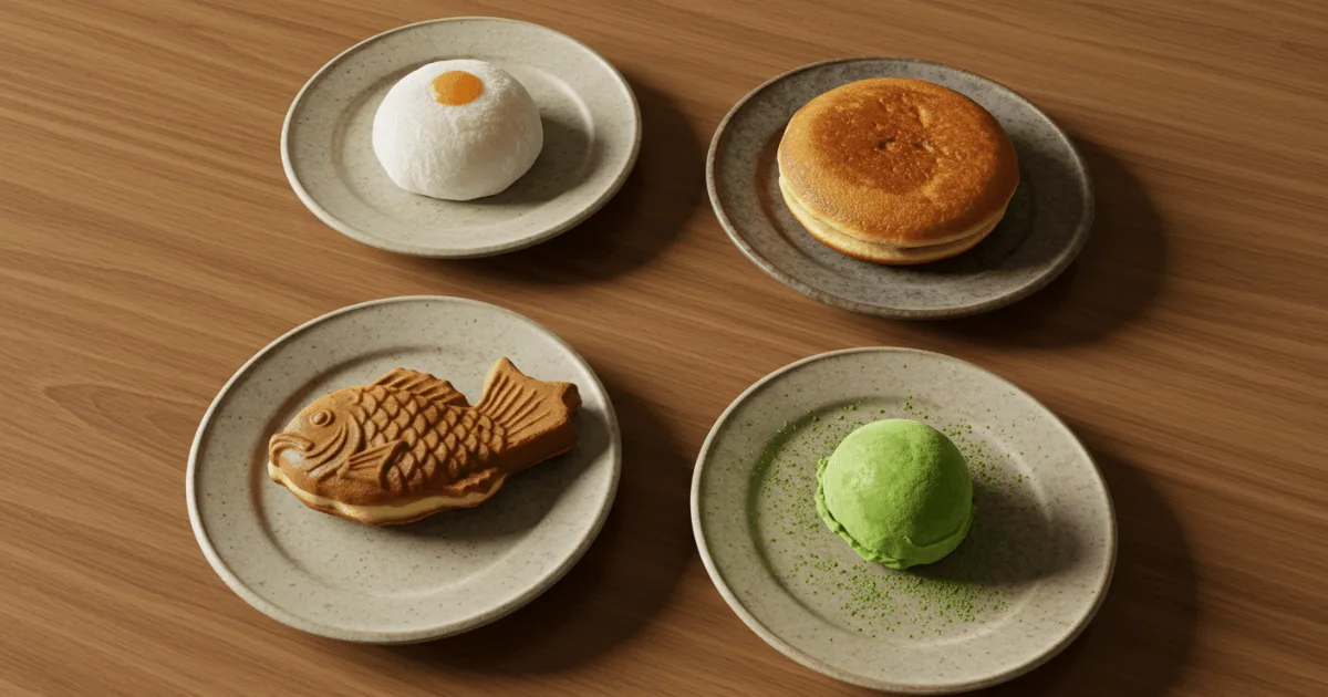 A photo showing mochi, taiyaki, dorayaki, and matcha ice cream on ceramic dishes, representing popular Japanese desserts.