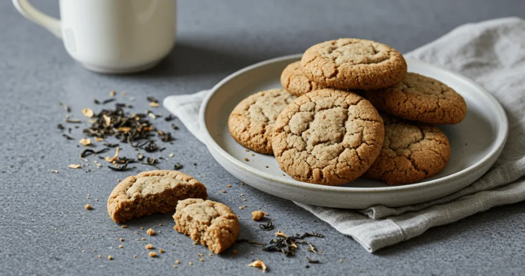 Earl Grey cookies stacked on a ceramic plate with loose black tea leaves and linen cloth on a rustic surface.