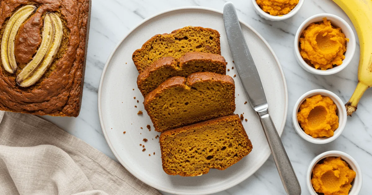 Fork slicing into a moist banana pumpkin muffin on a matte-black plate over dark slate.