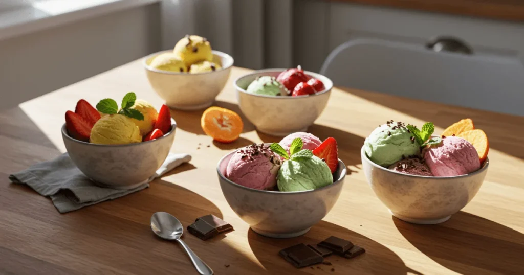 A cozy kitchen scene showcasing assorted bowls of colorful, homemade gluten-free ice cream with natural toppings.