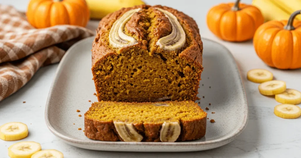 Pumpkin banana loaf on a ceramic platter with slices and fall decor.