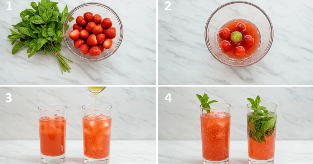 Simple infographic showing how to prepare a strawberry mint mojito mocktail in five easy steps.