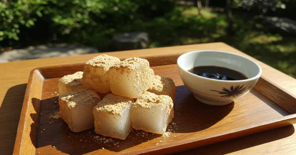 Warabi mochi traditional Japanese desserts pieces dusted with roasted soybean flour, served with dark syrup on a wooden tray.