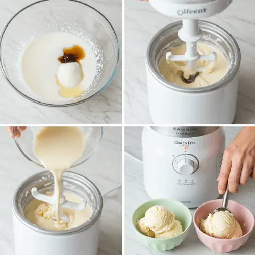 Step-by-step photos showing the gluten free ice cream making process from mix to scoop