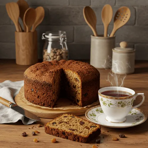 Irish Porter Cake with rich dried fruit filling and a cup of tea on a wooden kitchen counter.