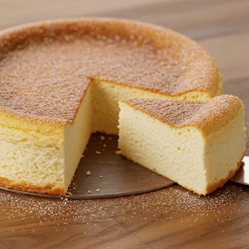 A sliced Japanese cheesecake with golden top and airy, soft interior, served on a wooden surface.