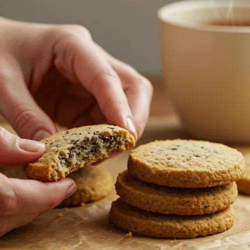 Hands holding warm Earl Grey shortbread cookies with tea in background.
