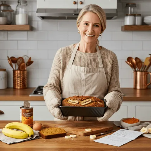 Woman taking pumpkin banana loaf out of a loaf pan in a stylish kitchen.