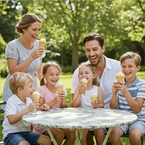 A smiling family with two kids eating gluten-free ice cream cones in a sunny park setting, highlighting joy and inclusivity.