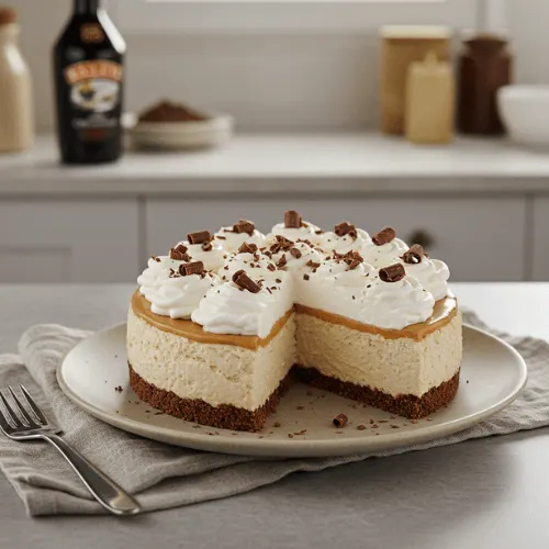 A realistic, styled photo of Baileys cheesecake on a plate, highlighting its creamy texture and Irish cream flavor.