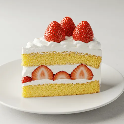 Slice of Japanese strawberry shortcake with whipped cream and strawberries, showing airy sponge layers.