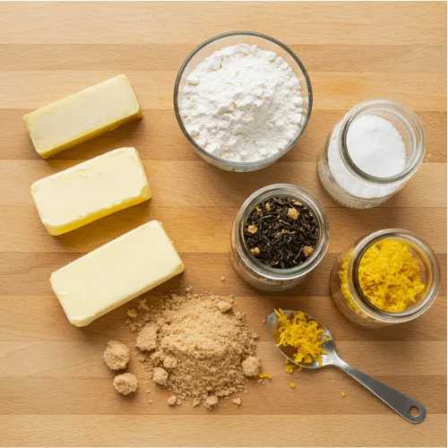 Baking ingredients for Earl Grey cookies displayed on a wooden board with tea leaves and lemon zest.