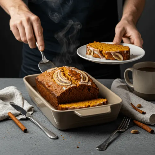 Pumpkin banana loaf being served from a ceramic pan with chai tea and spices.