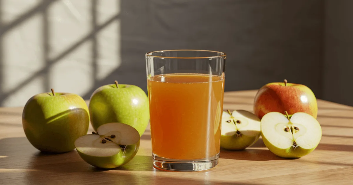 Cloudy apple juice served in a glass with fresh Gala and Granny Smith apples on a rustic table, highlighting its natural appeal and health benefits