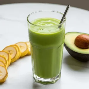 A creamy avocado banana smoothie served in a glass with banana slices and avocado on a white table.