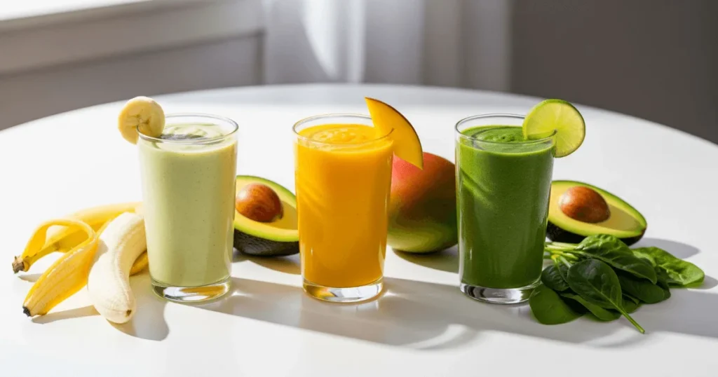 A bright and clear photo of three avocado smoothies—banana, mango, and spinach—displayed on a white table with fresh ingredients.