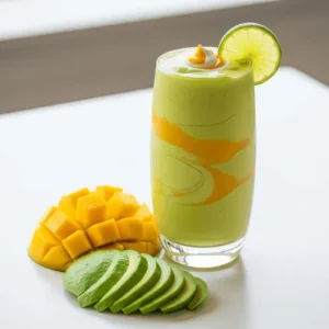 A tropical avocado mango smoothie garnished with lime, surrounded by fresh mango and avocado.
