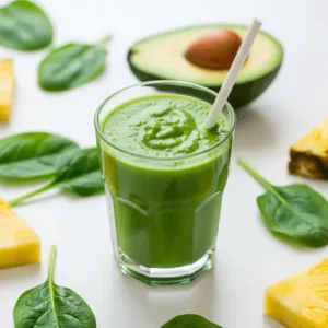 A healthy green avocado spinach smoothie with pineapple and spinach leaves on a white table.A healthy green avocado spinach smoothie with pineapple and spinach leaves on a white table.