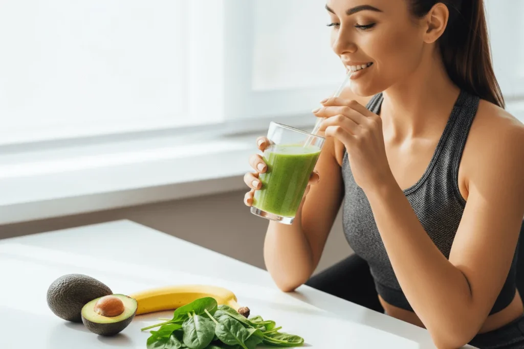 A fitness woman in workout gear happily sipping an avocado smoothie, surrounded by fresh ingredients on a white table.