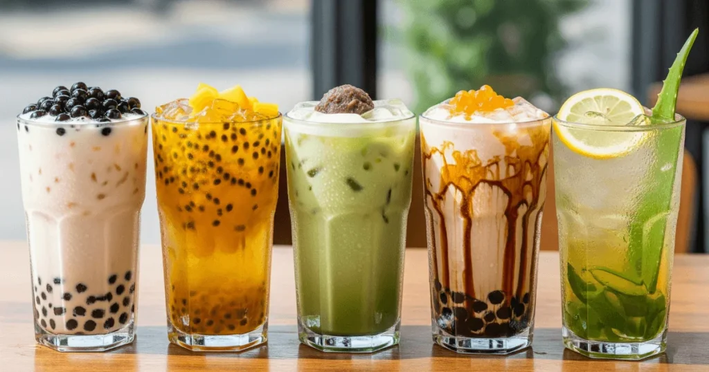 A variety of Ding Tea-inspired bubble tea drinks, including milk tea, fruit tea, matcha, brown sugar boba, and honey lemon green tea, displayed on a rustic wooden table.