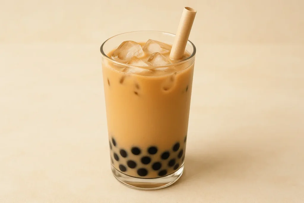 A refreshing glass of homemade classic Ding Tea milk tea with chewy boba pearls and ice, served in a tall glass.