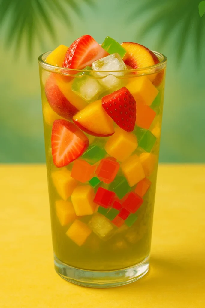 Homemade Ding Tea-style fruity green tea with fresh fruit, ice, and fruit jelly for a refreshing summer drink.