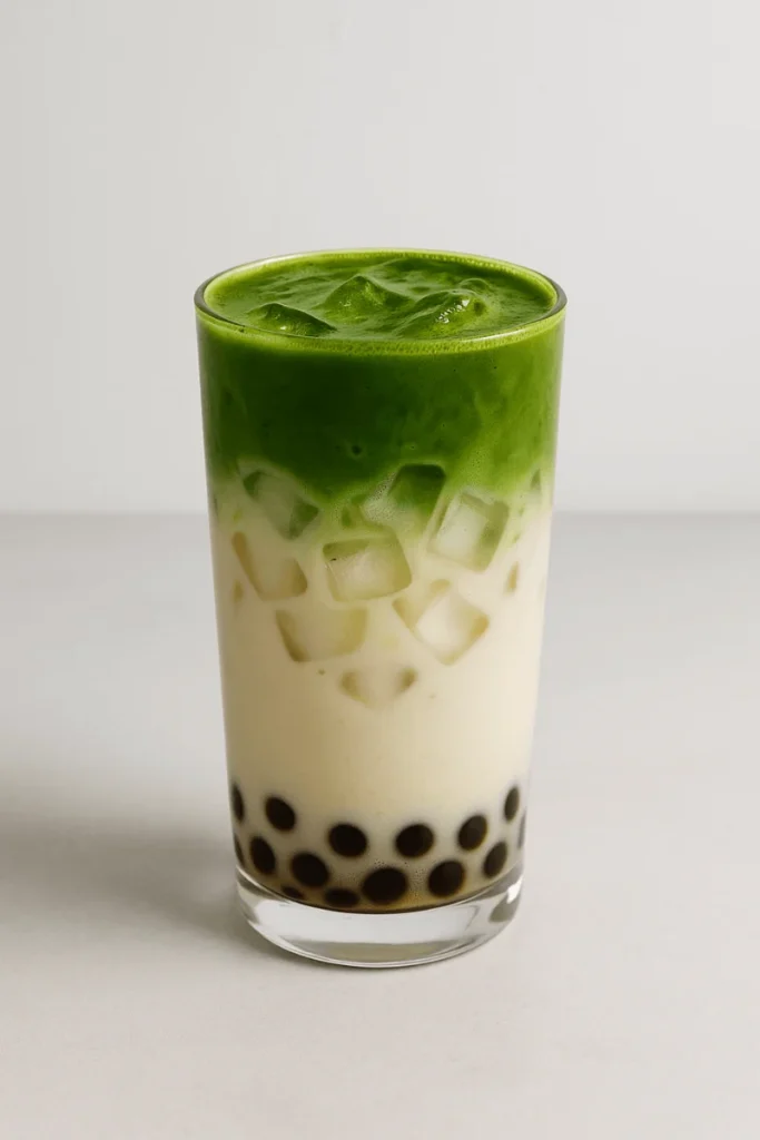 A layered glass of Ding Tea-inspired matcha milk tea with ice and boba pearls, showing its rich green color and creamy texture.