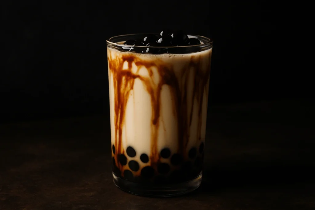 A decadent glass of Ding Tea-style brown sugar boba milk with caramel streaks and chewy tapioca pearls.