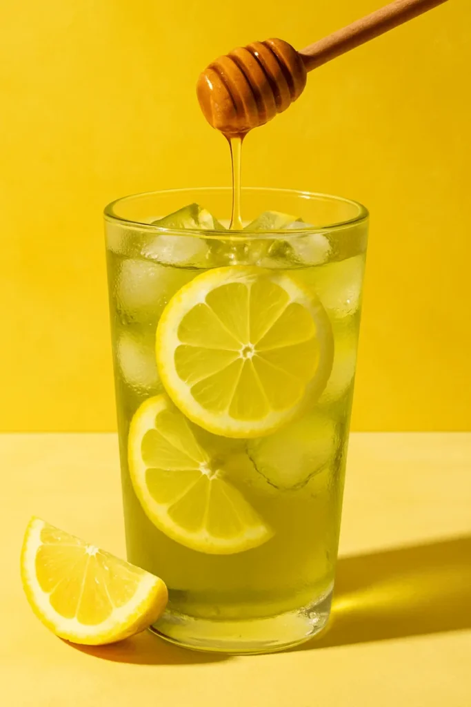 A glass of iced honey lemon green tea with fresh lemon slices and ice, inspired by Ding Tea’s refreshing fruit teas.