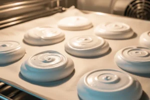 Crisp white meringue discs baking on parchment paper, forming the base of Mont Blanc dessert.