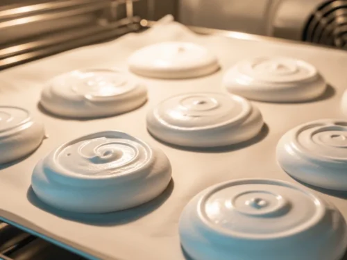 Crisp white meringue discs baking on parchment paper, forming the base of Mont Blanc dessert.