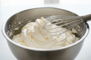 Freshly whipped cream with soft peaks in a mixing bowl, ready to be used in Mont Blanc dessert.