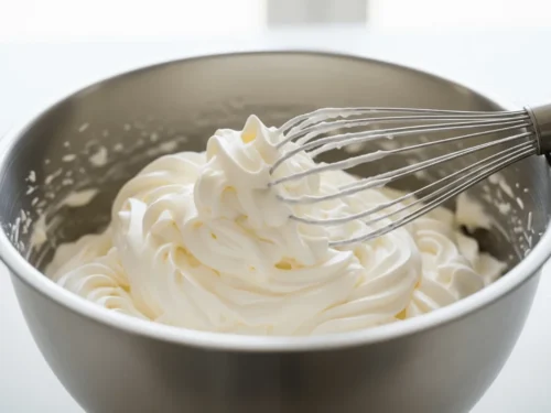 Freshly whipped cream with soft peaks in a mixing bowl, ready to be used in Mont Blanc dessert.